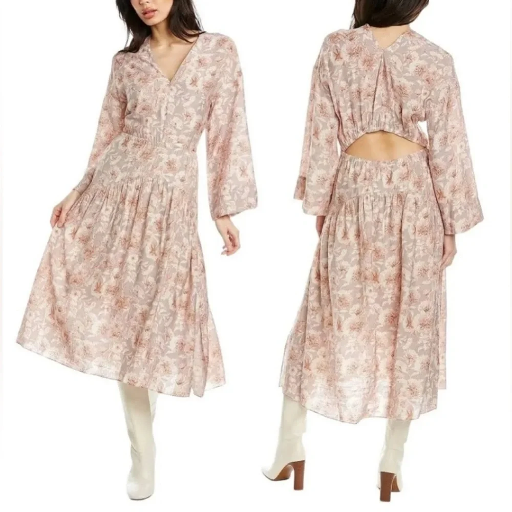 Vince Women's Dress XL Midi Dahlia Long Sleeve Double V-Neck Cottage Feminine - Picture 3 of 10